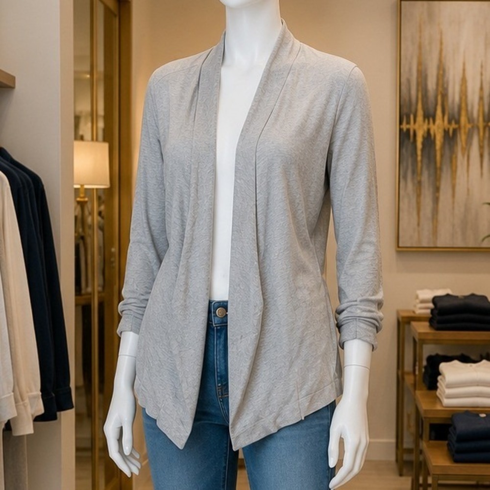 Lemon Tart Women Cardigan Heather Gray Ruched 3/4 Sleeve Open Front S